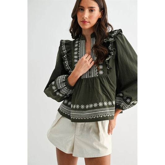 Olive Embroidered Blouse