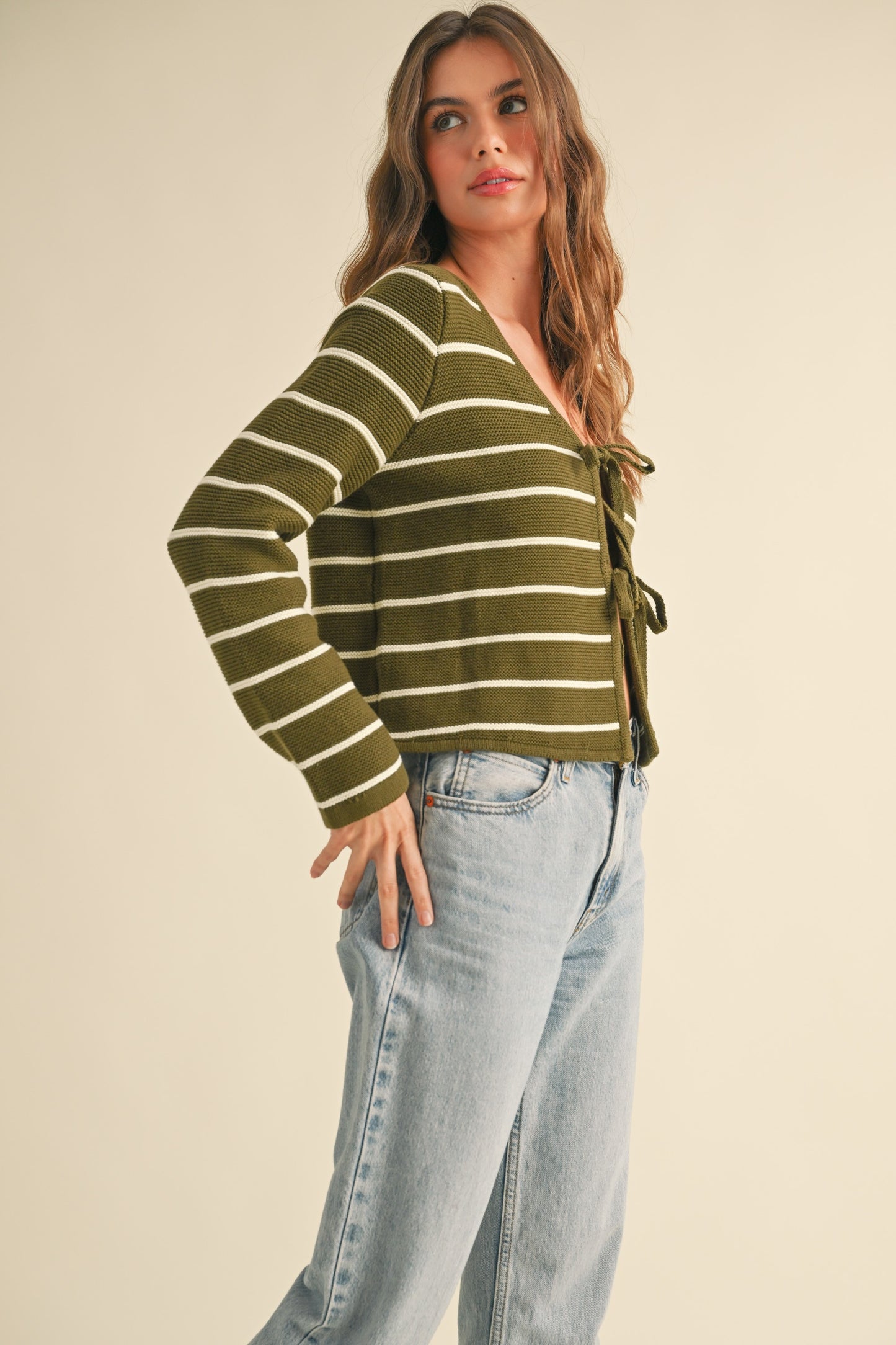 Olive Striped Tie Front Cardigan