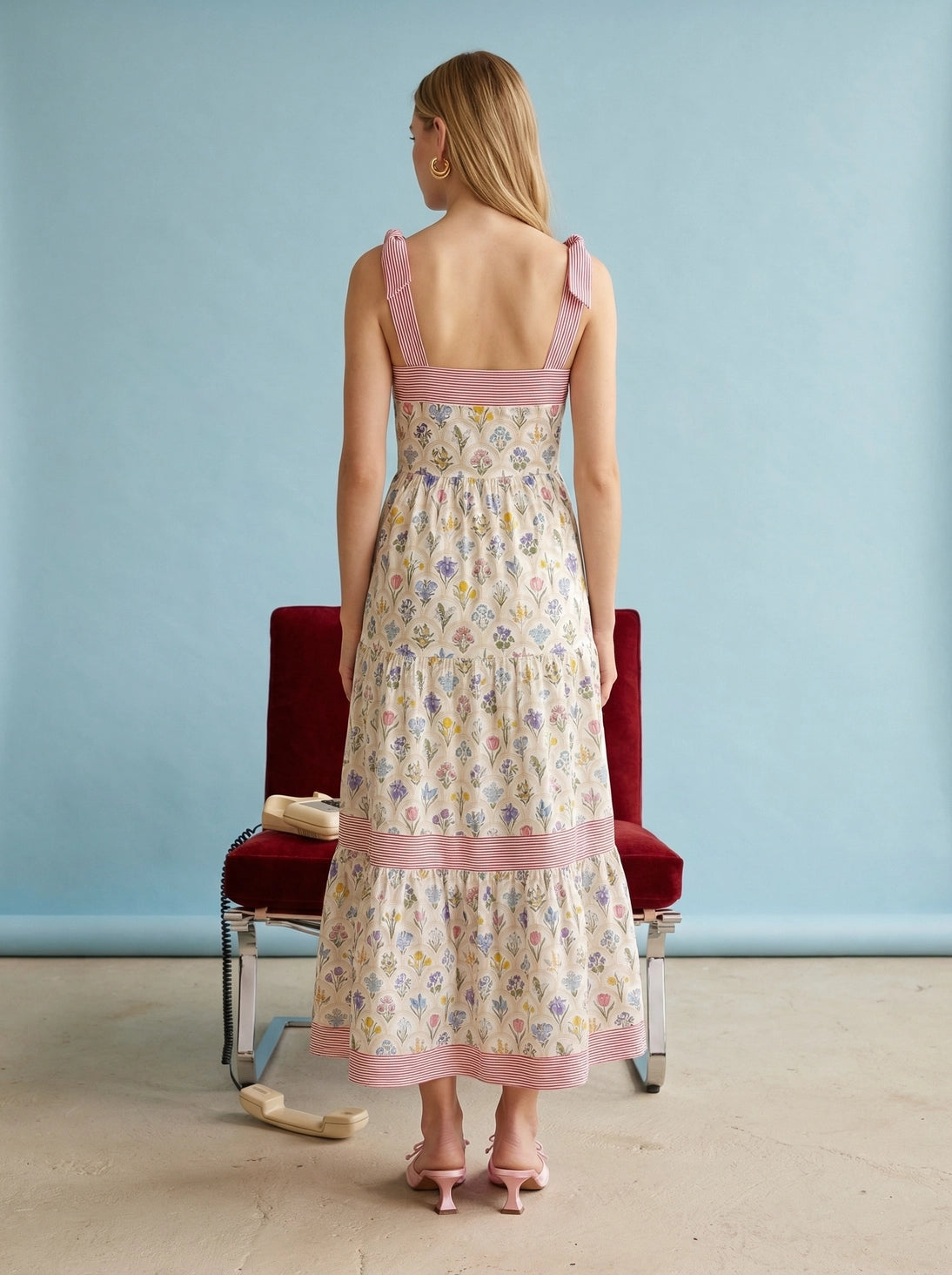 100% Cotton Floral Tie Strap Maxi Dress