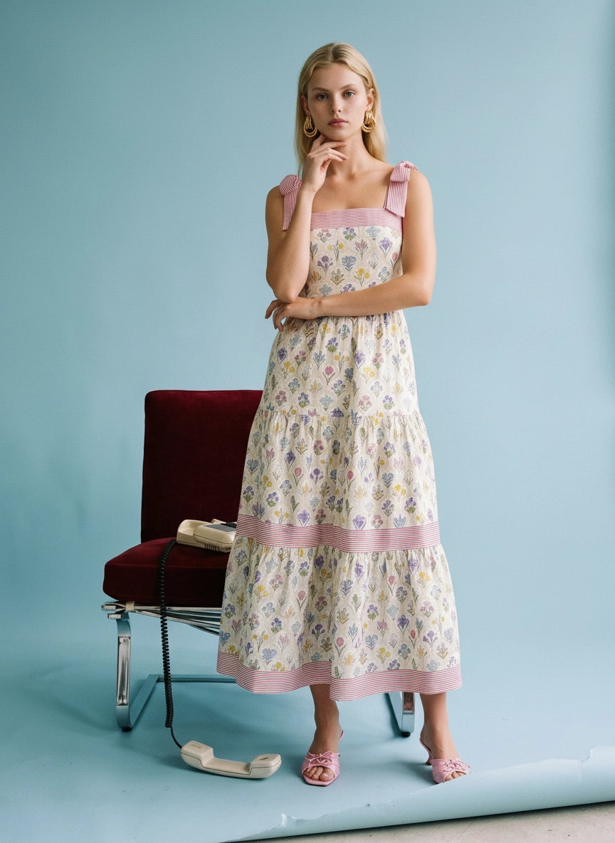 100% Cotton Floral Tie Strap Maxi Dress