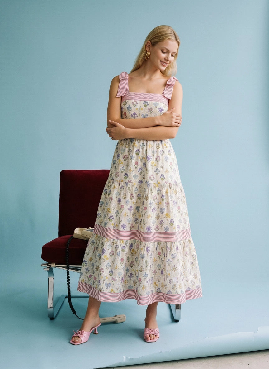 100% Cotton Floral Tie Strap Maxi Dress