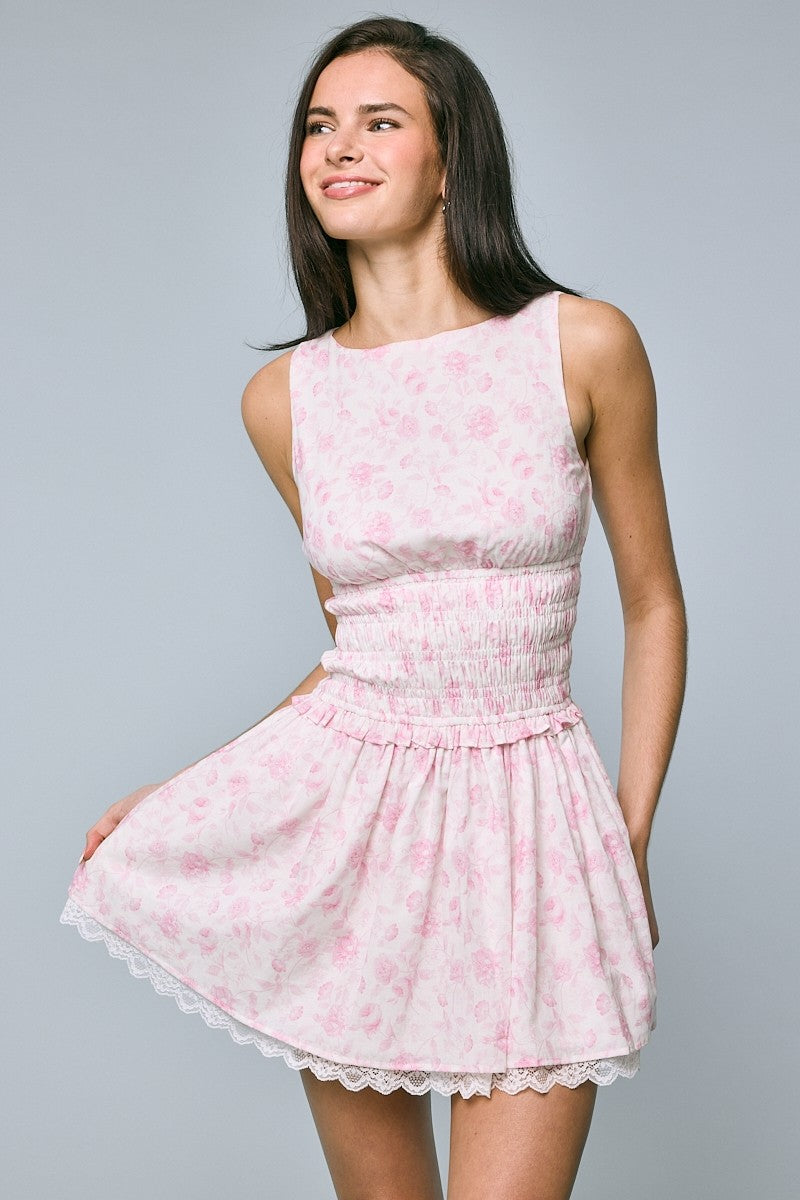 Pink Pastel Floral Boat Neck Mini