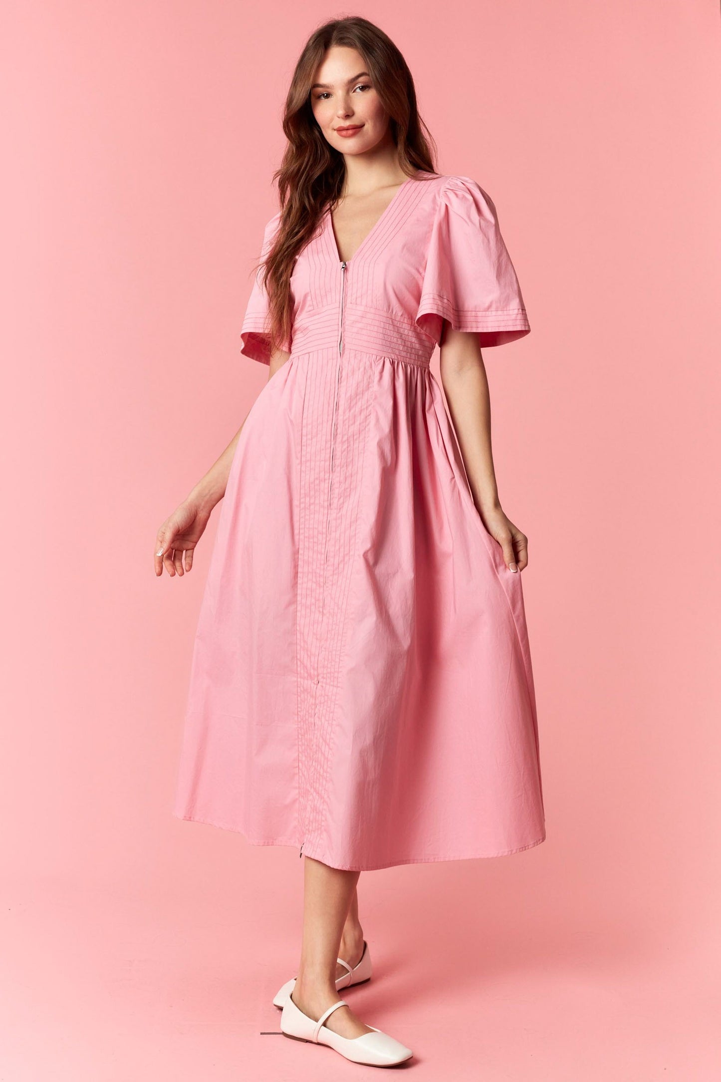 100% Cotton Pink Stitch Midi Dress
