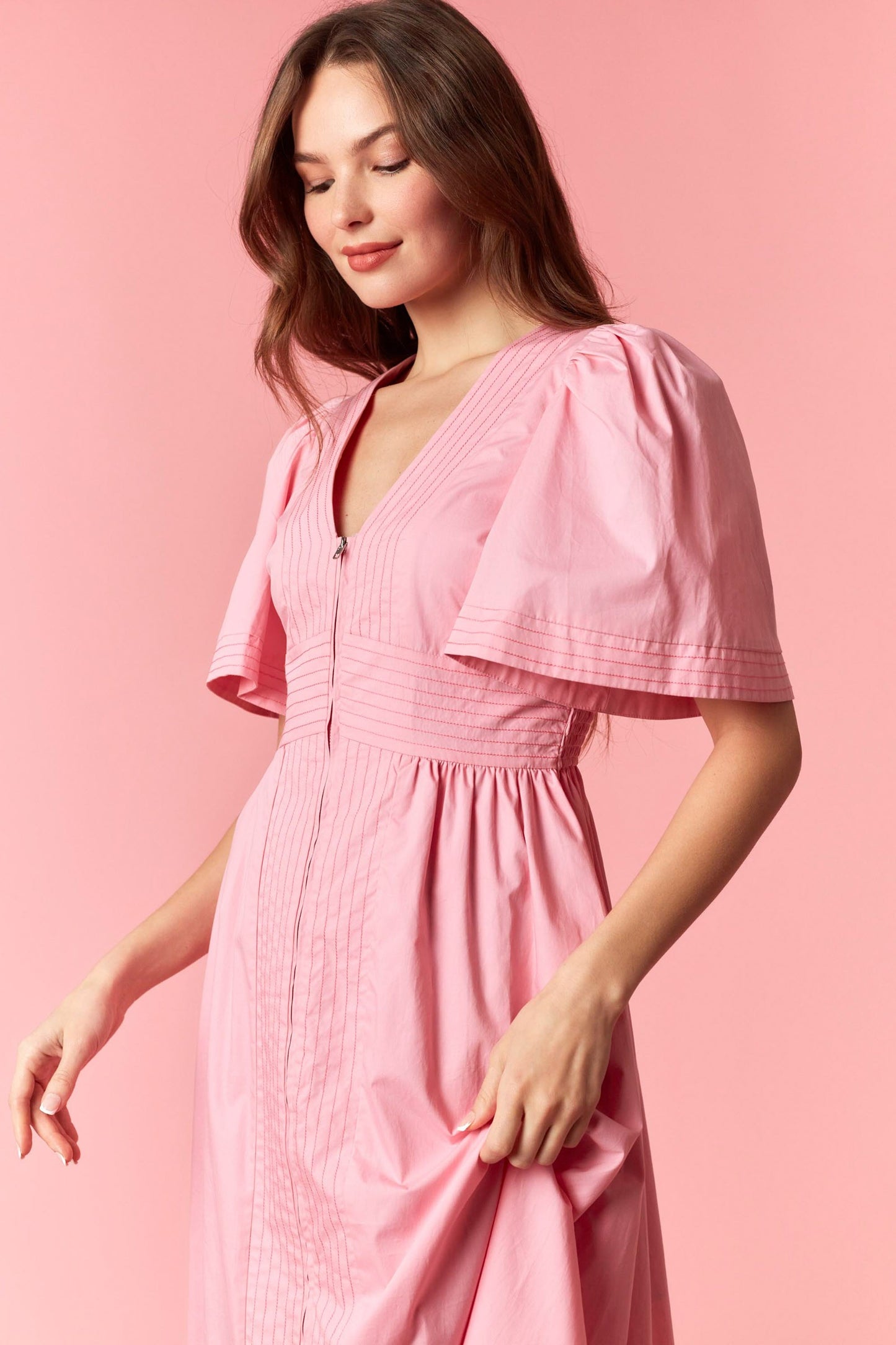 100% Cotton Pink Stitch Midi Dress