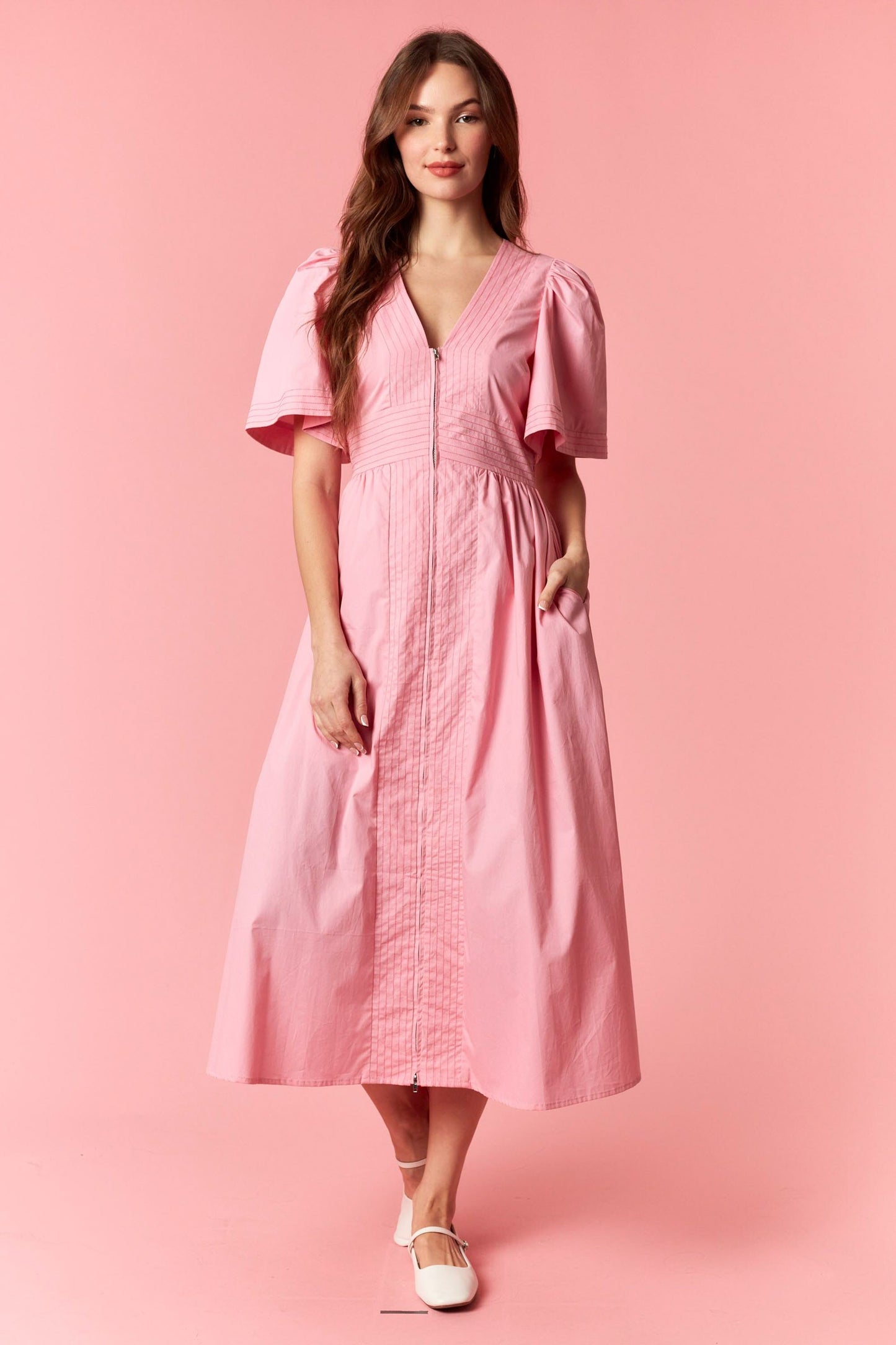100% Cotton Pink Stitch Midi Dress