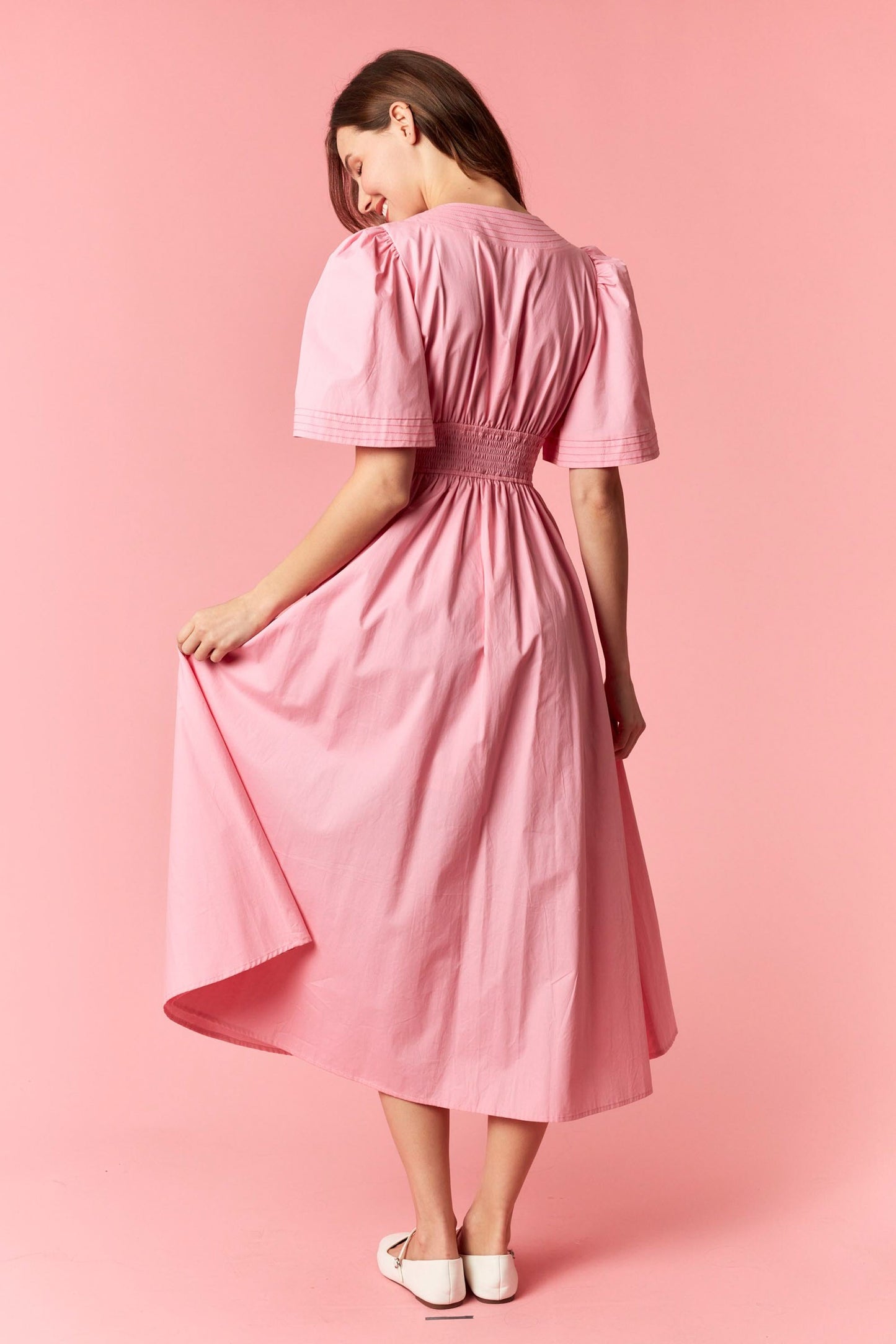 100% Cotton Pink Stitch Midi Dress