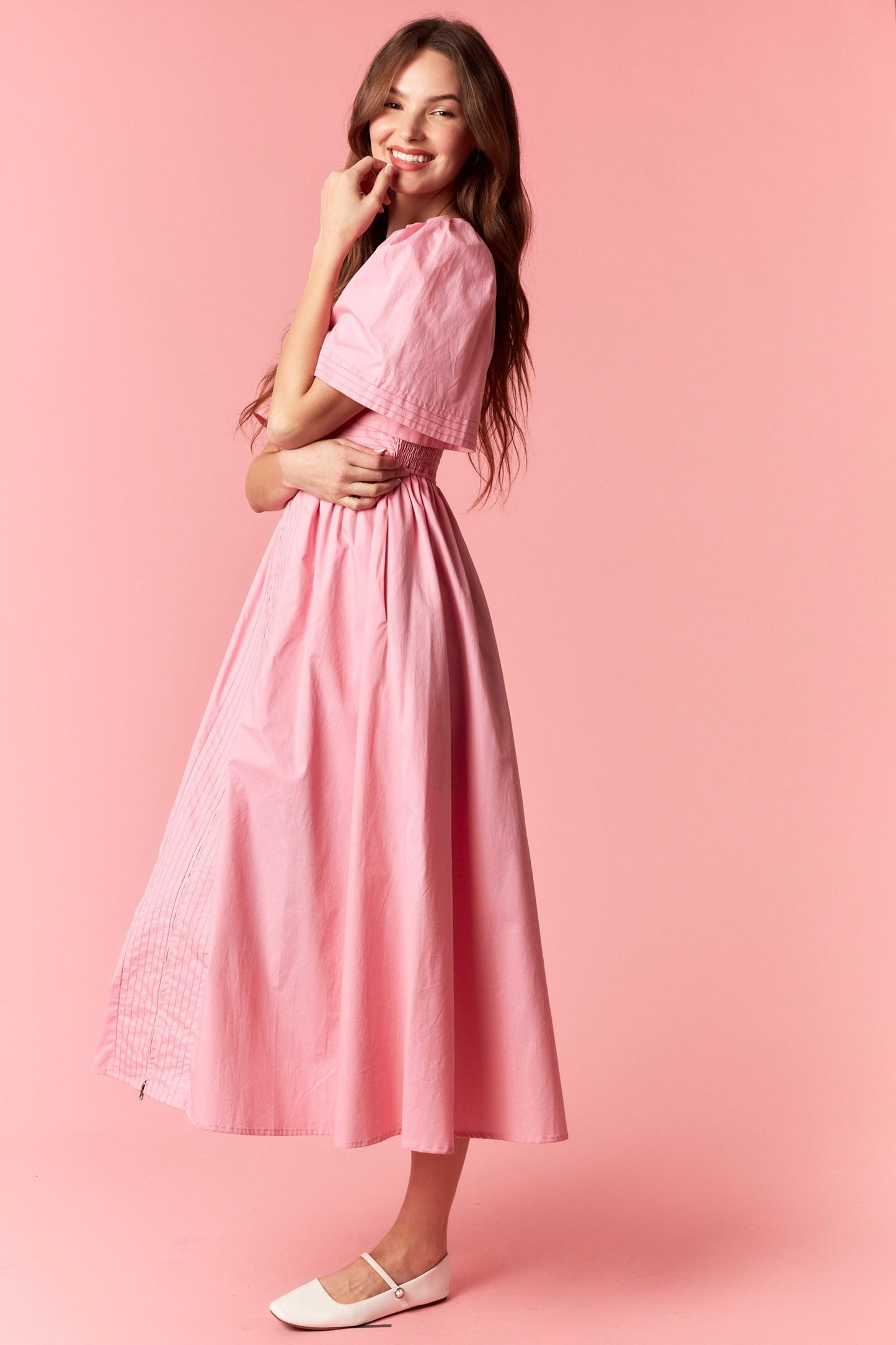 100% Cotton Pink Stitch Midi Dress