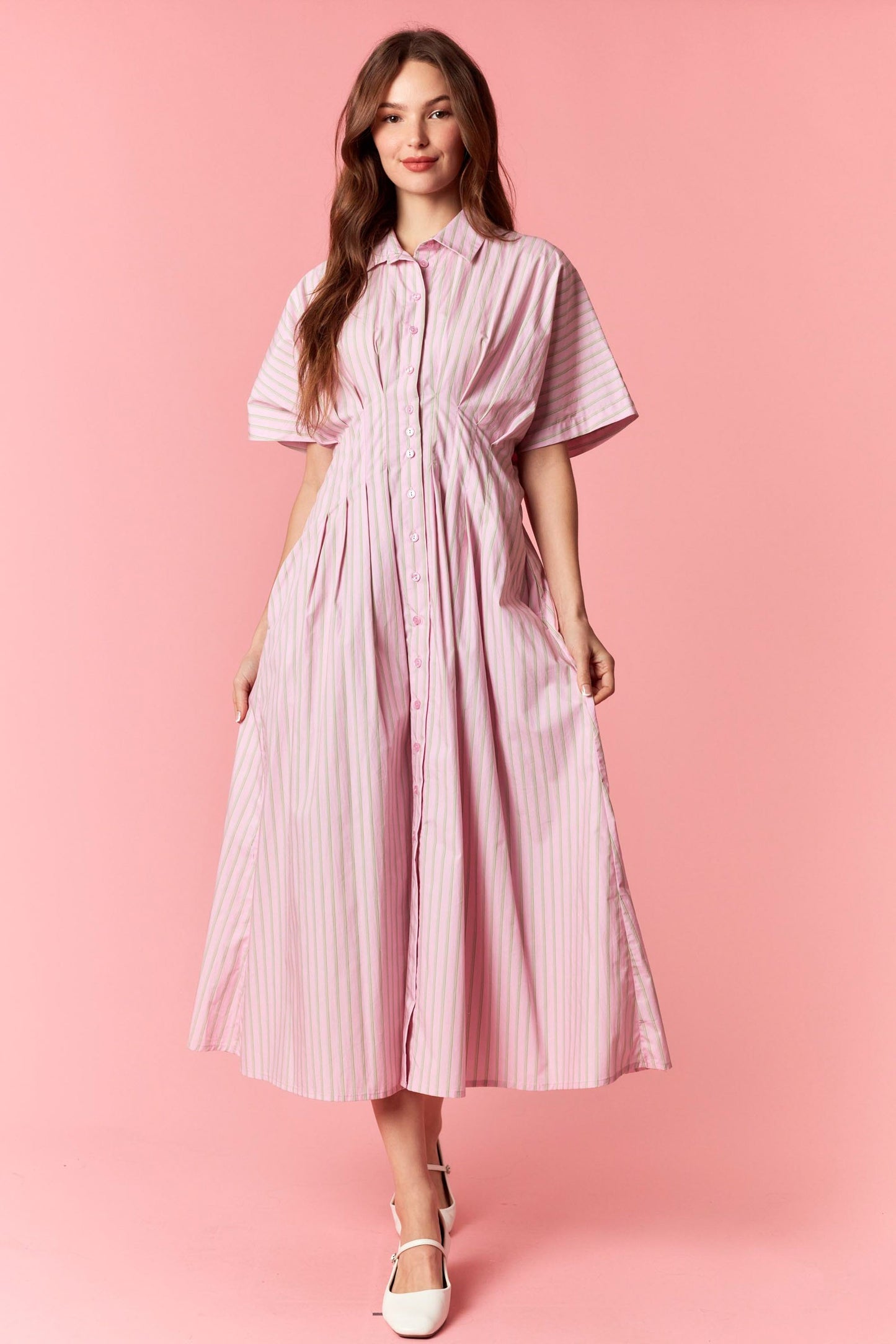 Pink Stripe 100% Cotton Midi Dress