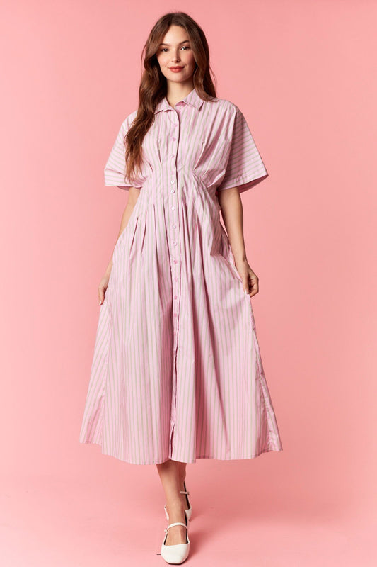Pink Stripe 100% Cotton Midi Dress
