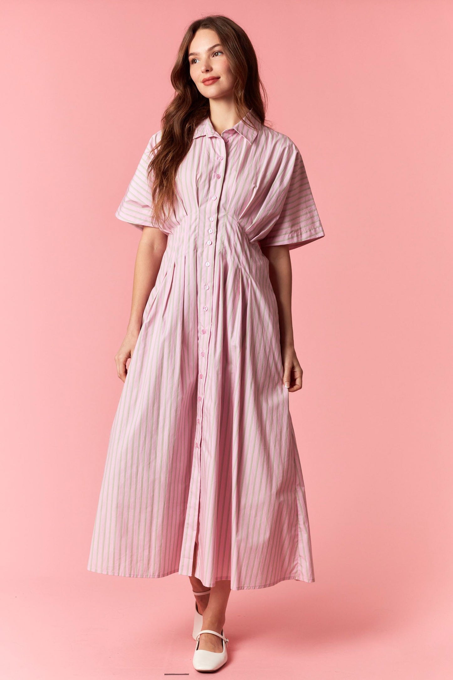 Pink Stripe 100% Cotton Midi Dress