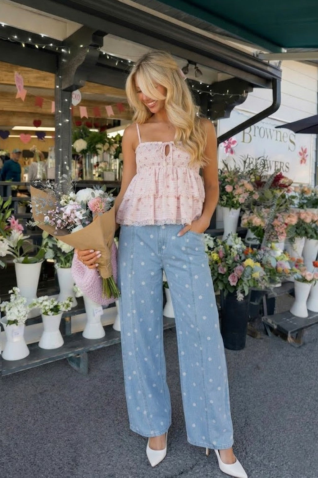 Washed Denim Polka Dot Barrel Jeans
