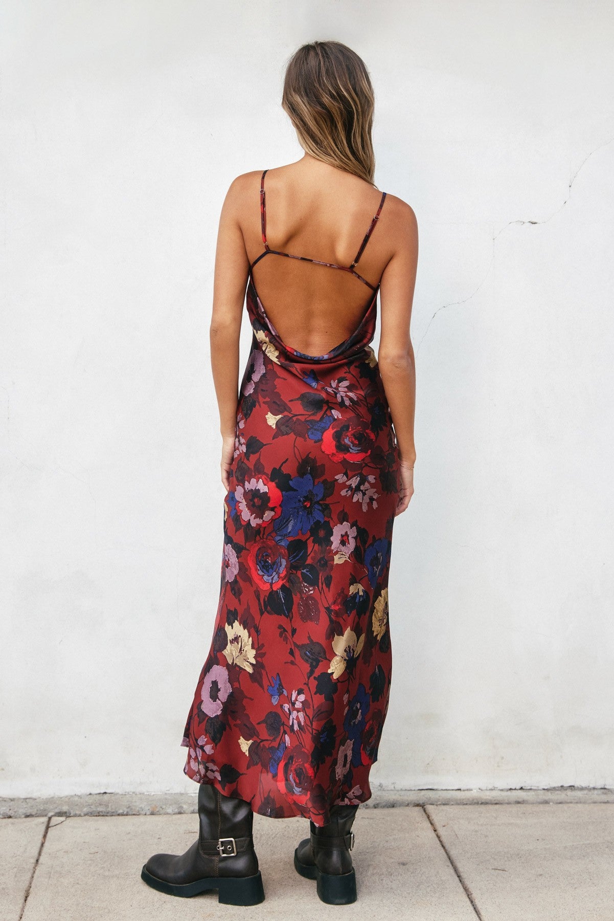 Red Floral Satin Maxi Dress