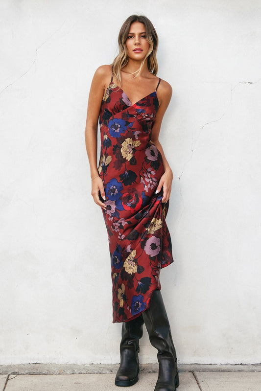 Red Floral Satin Maxi Dress