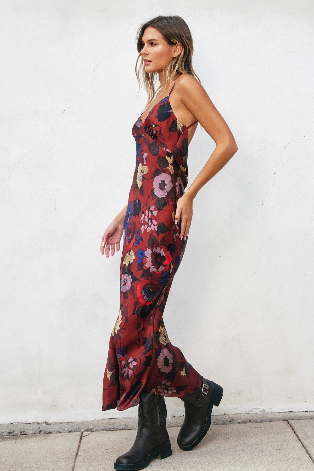 Red Floral Satin Maxi Dress