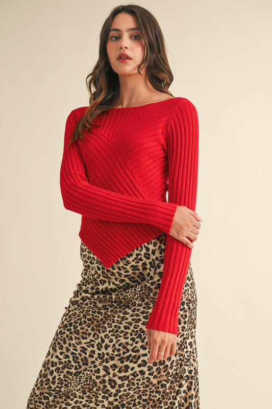 Pointed Hem Ribbed Sweater- Red