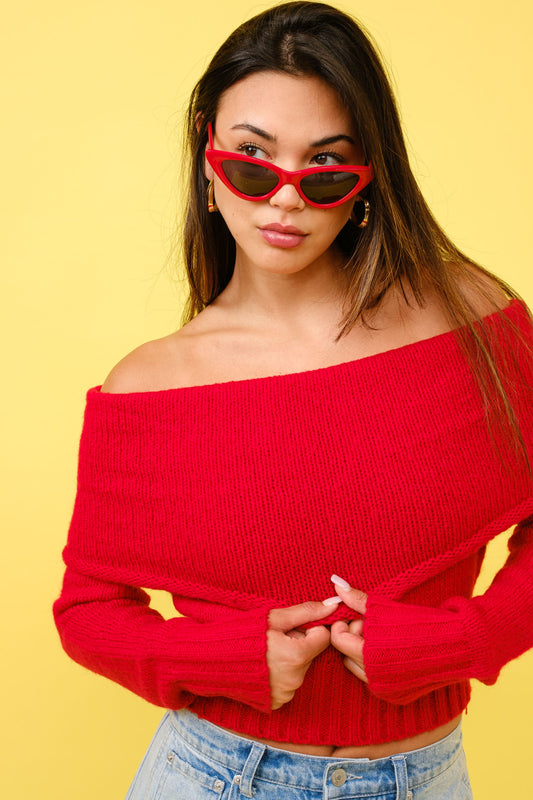 Fold Over Sweater- Red