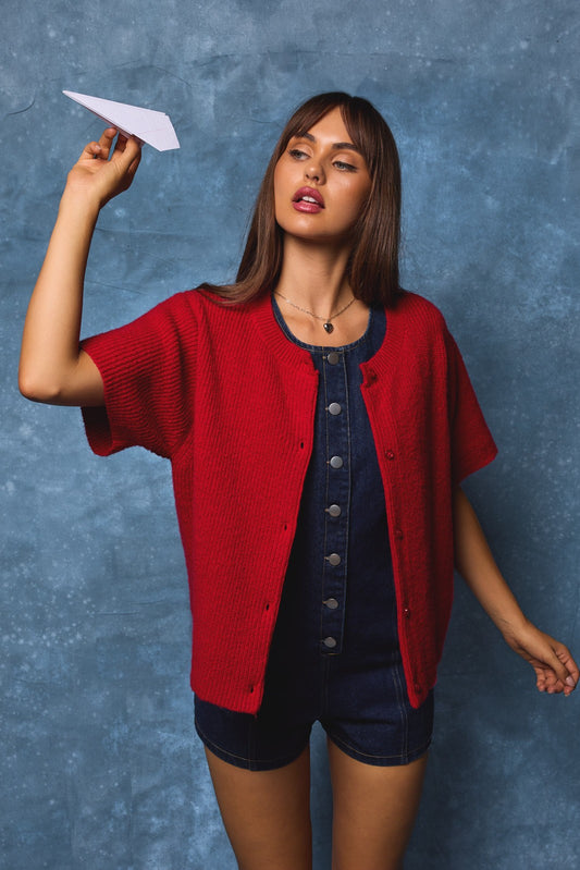 Red Short Sleeve Cardigan Sweater