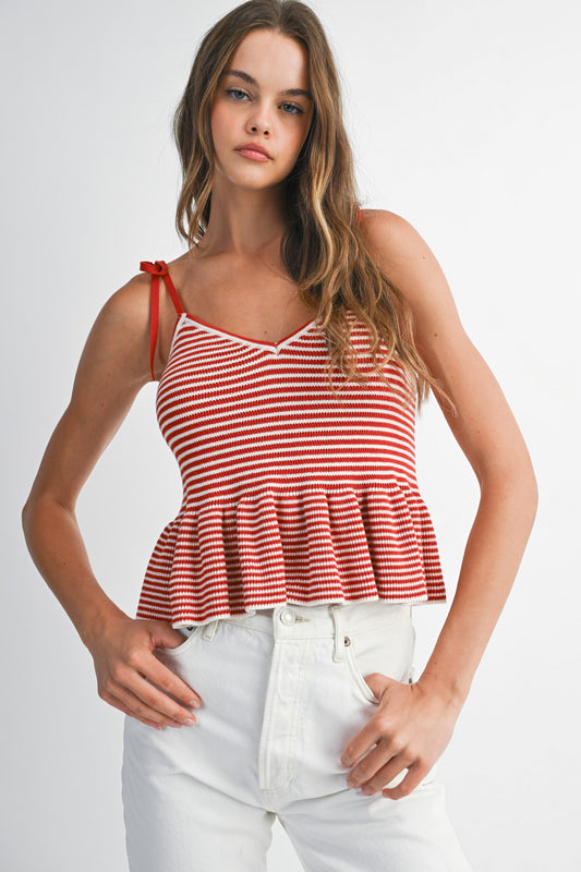 Red Sweater Stripe Peplum Top