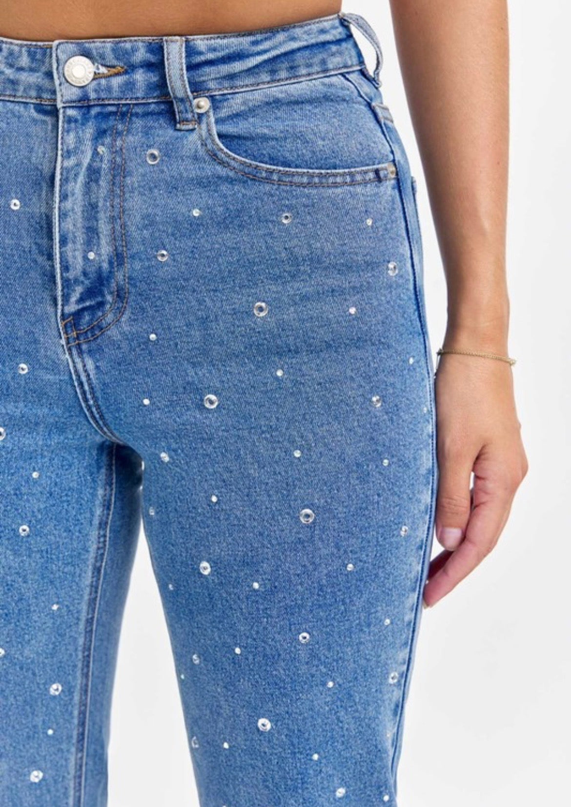 High Rise Rhinestone Denim