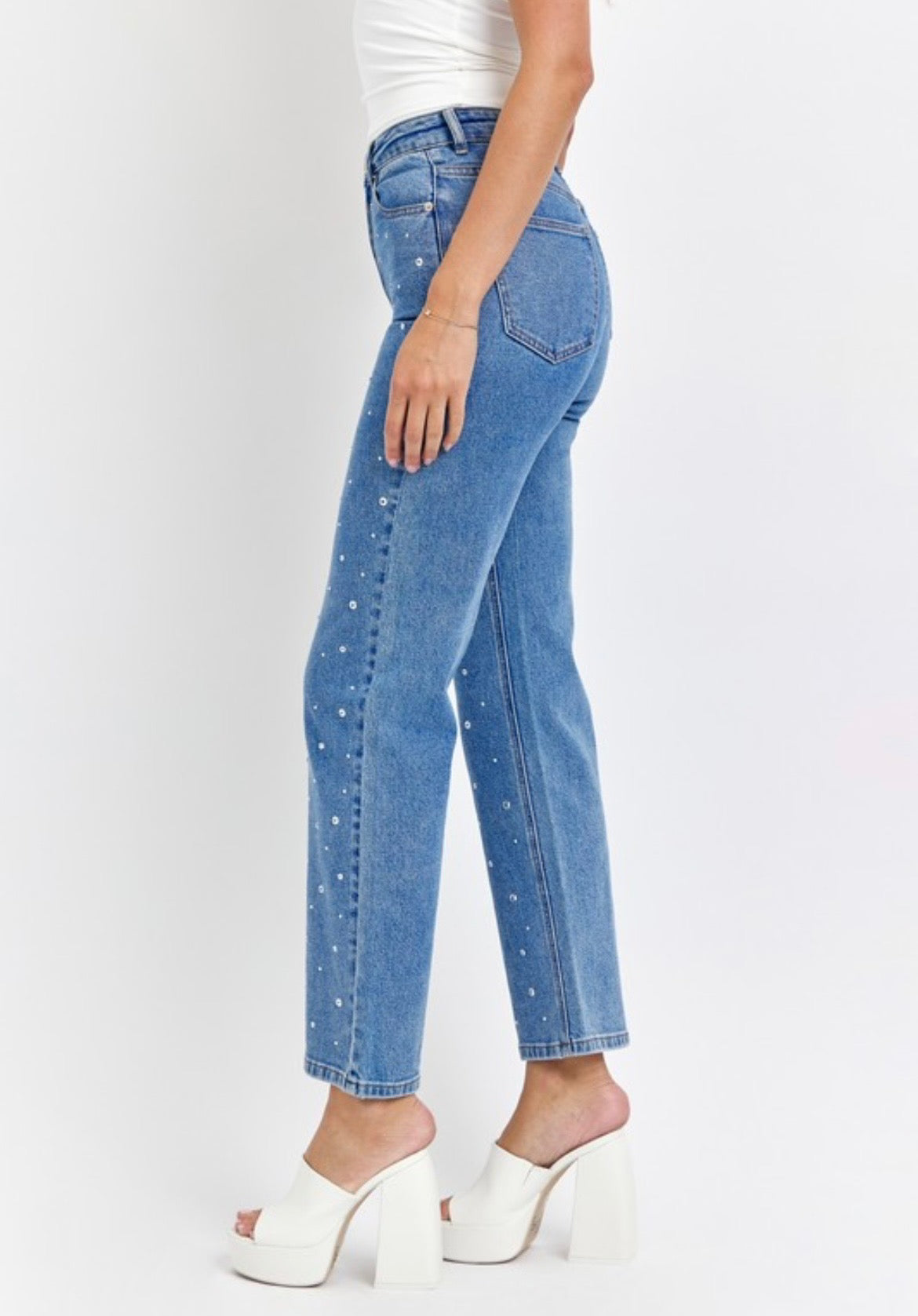 High Rise Rhinestone Denim