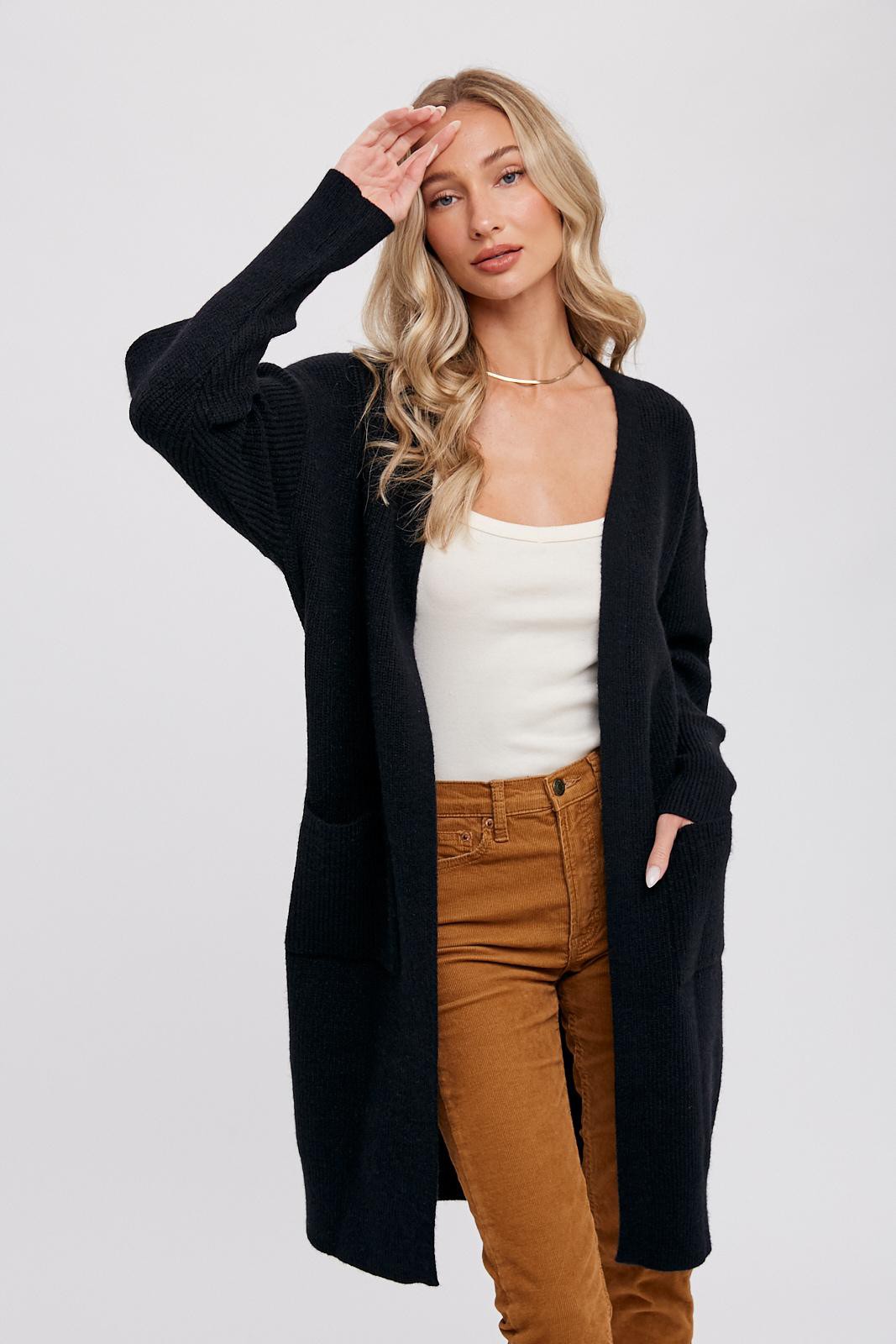 Ribbed Open Front Cardigan- Black