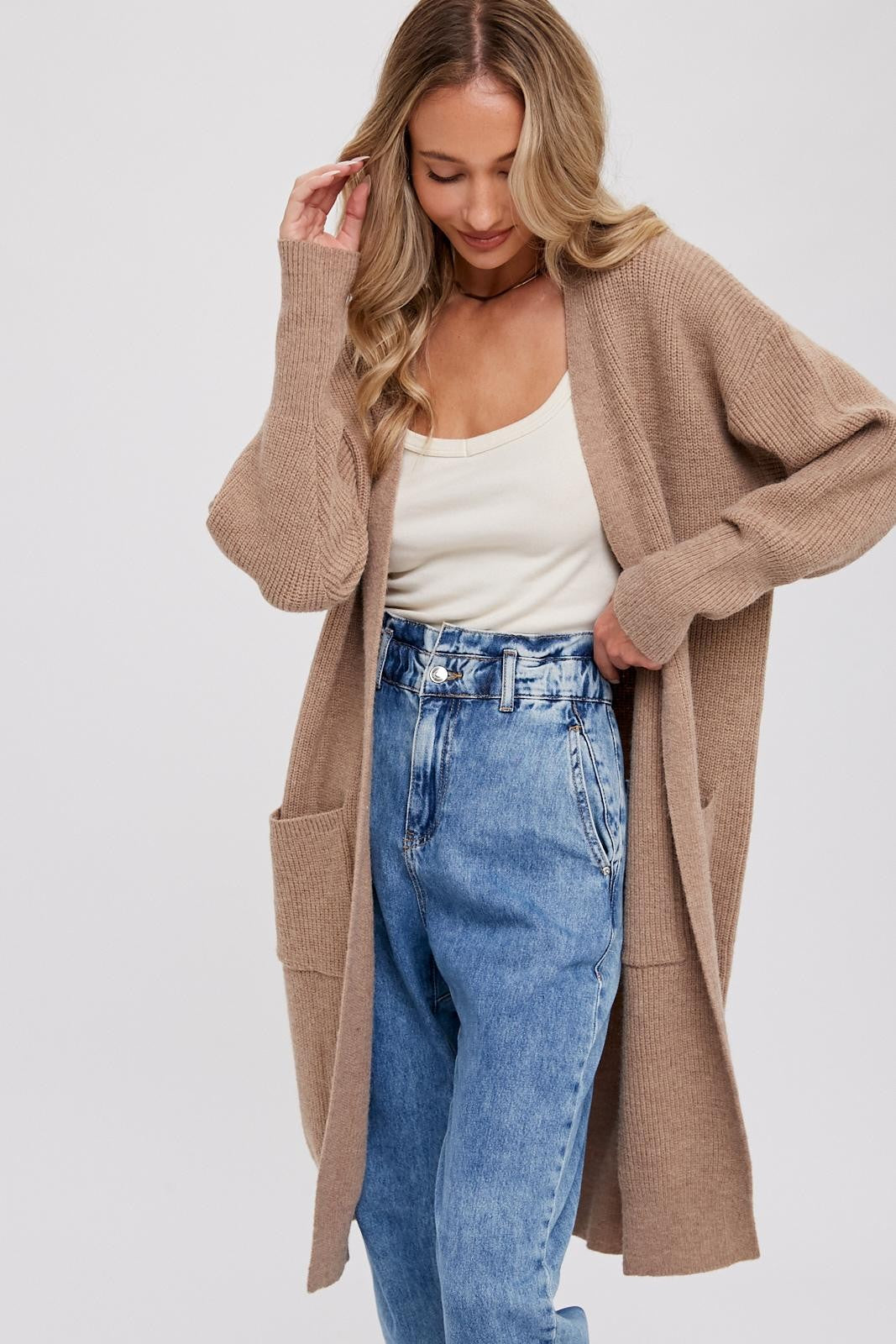 Ribbed Open Front Cardigan- Latte