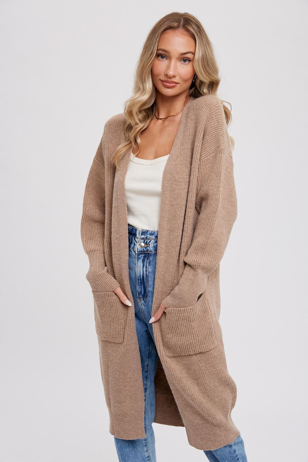 Ribbed Open Front Cardigan- Latte