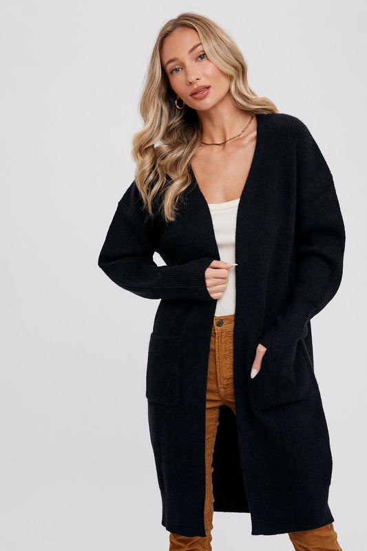 Ribbed Open Front Cardigan- Black