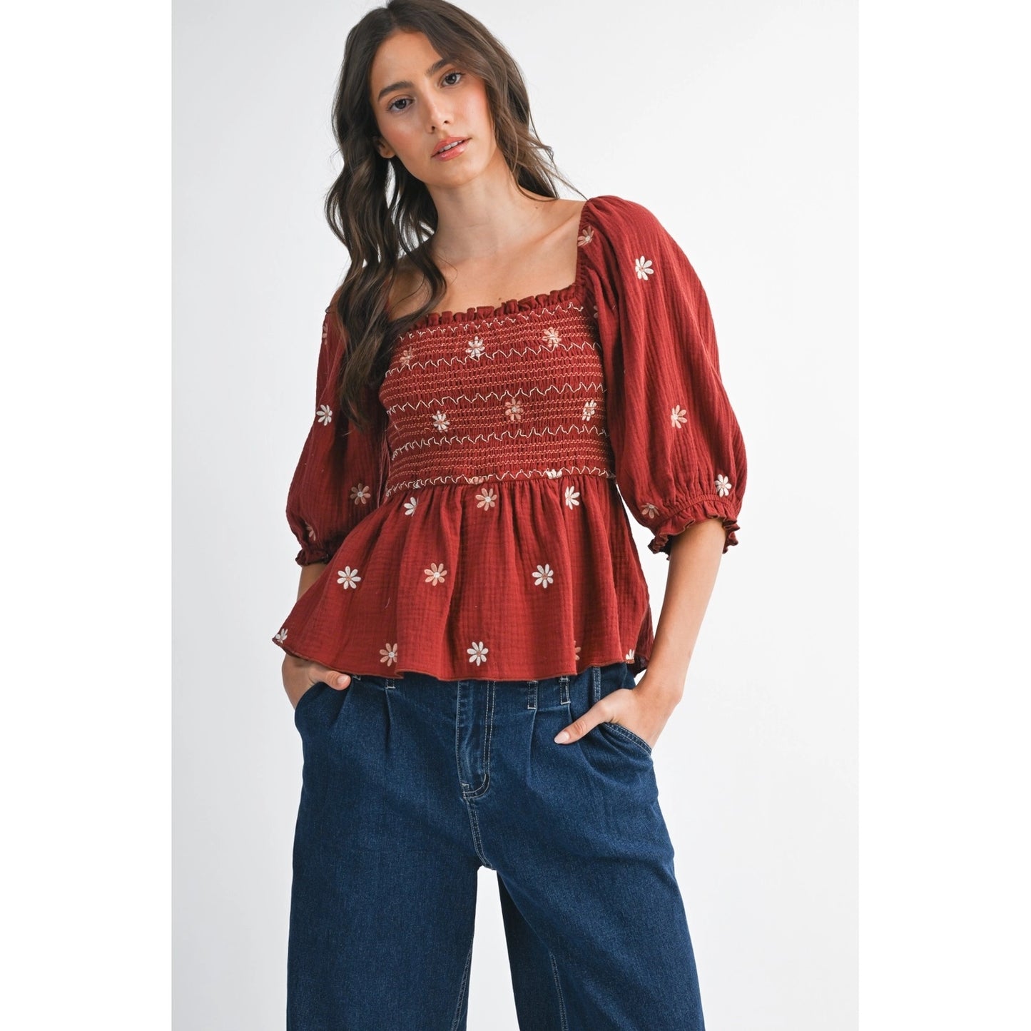 Rust Smocked Embroidered Peplum