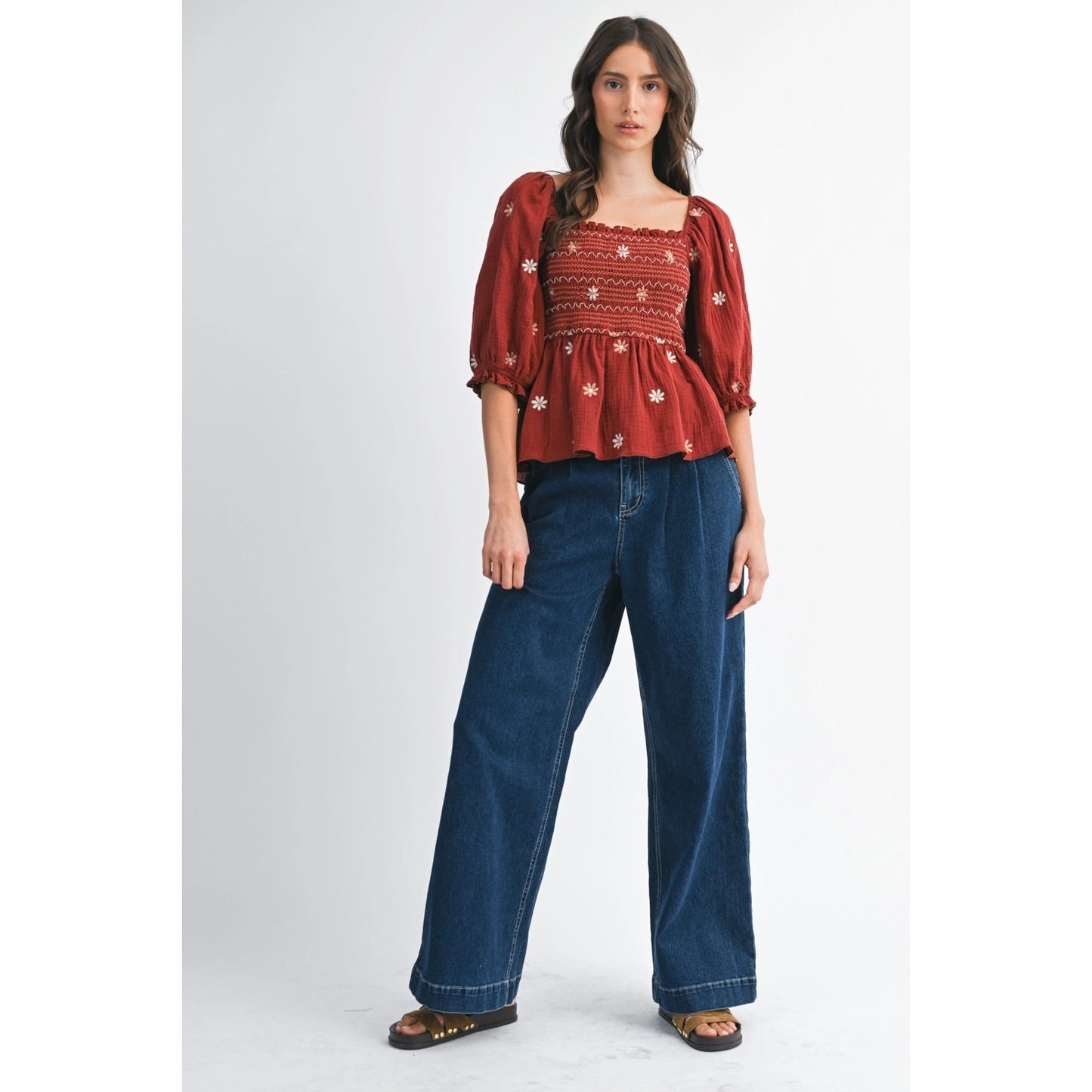 Rust Smocked Embroidered Peplum