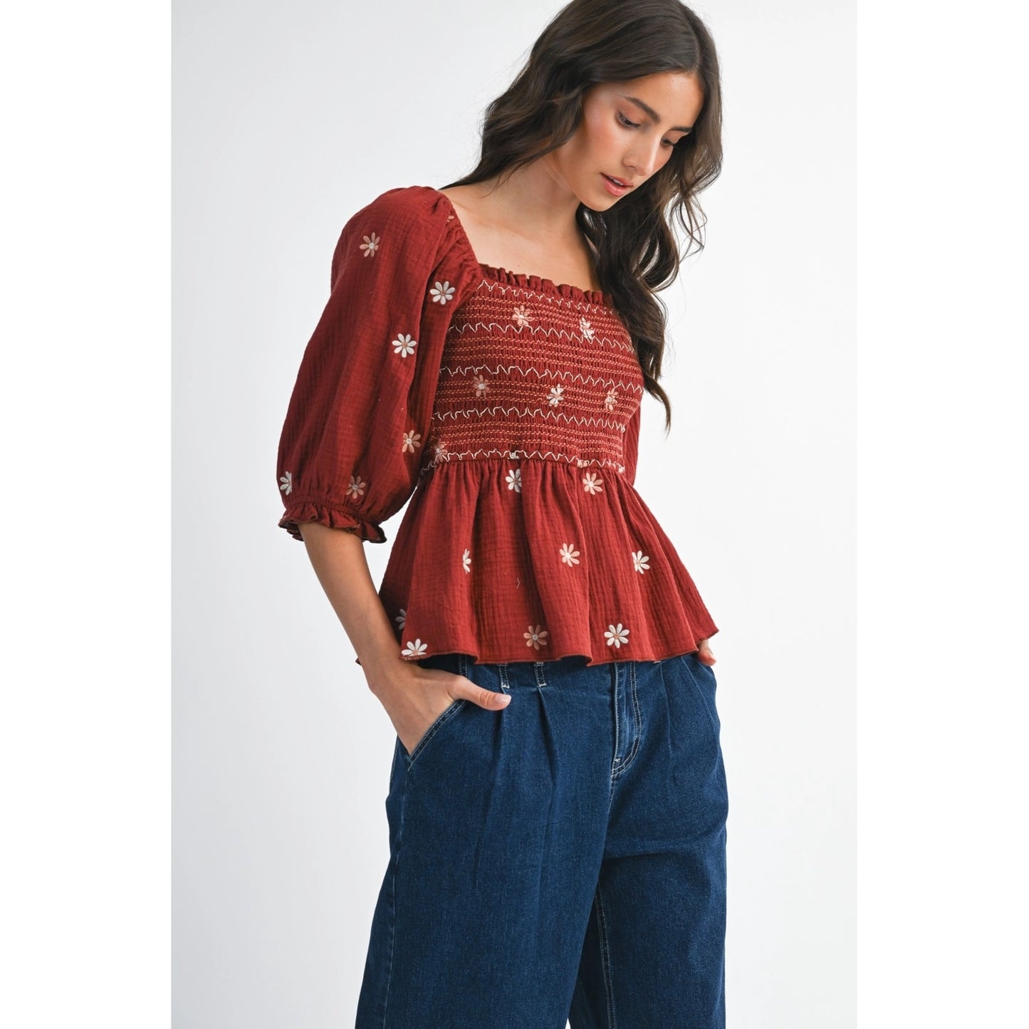 Rust Smocked Embroidered Peplum