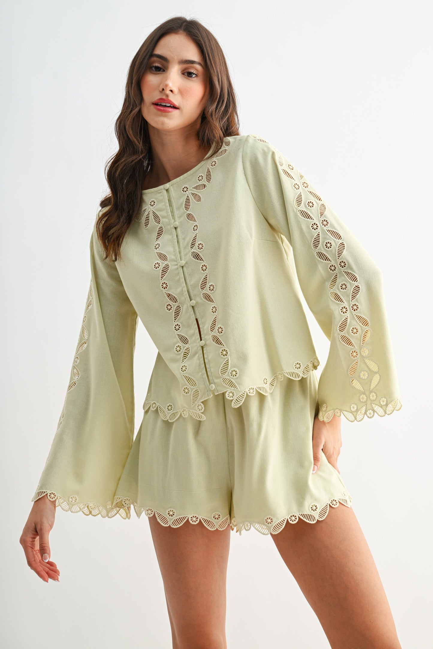 Sage Button Front Lace Blouse