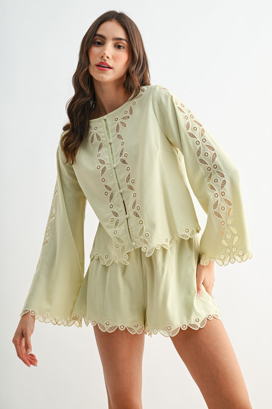 Sage Button Front Lace Blouse