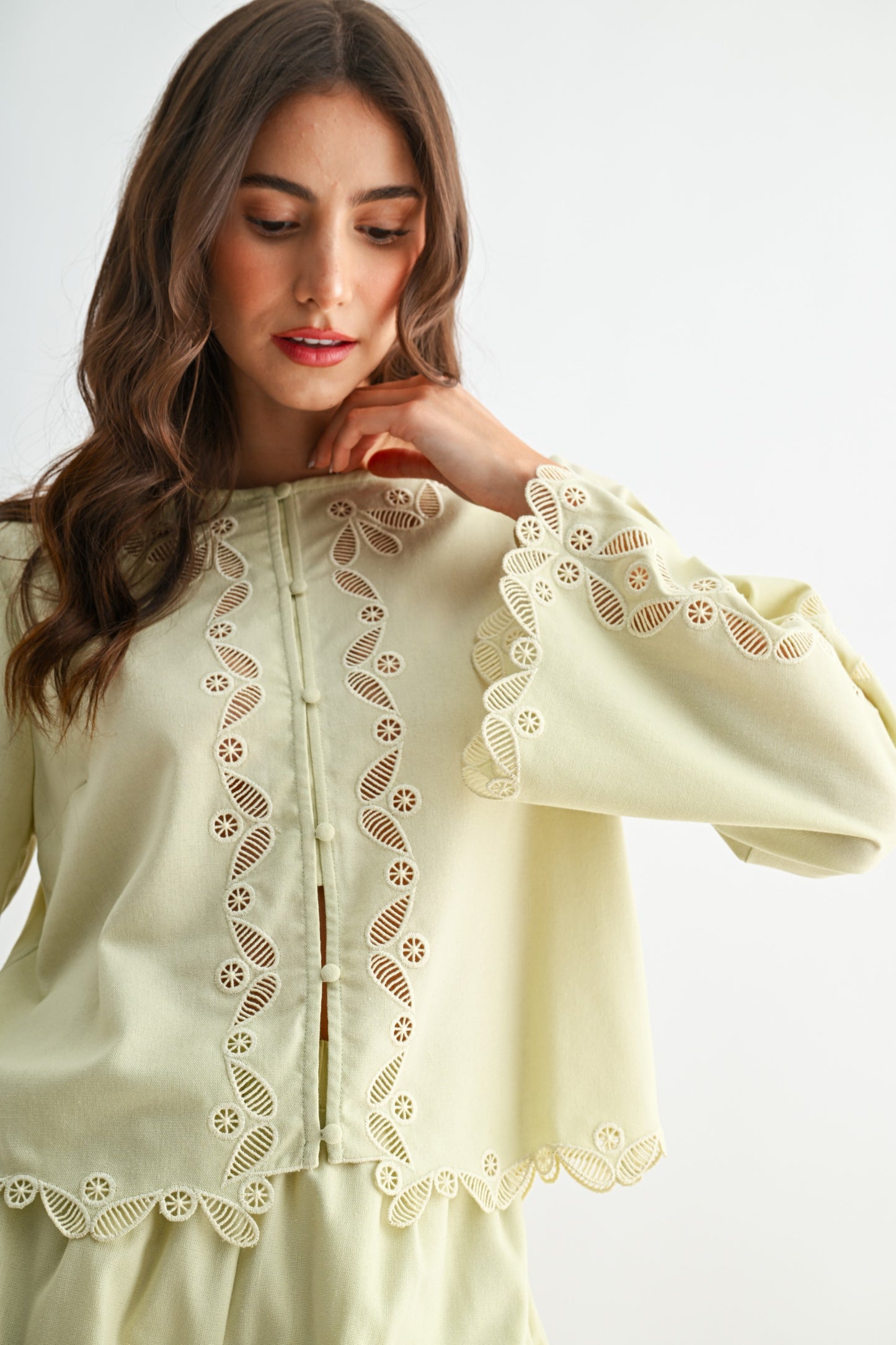 Sage Button Front Lace Blouse