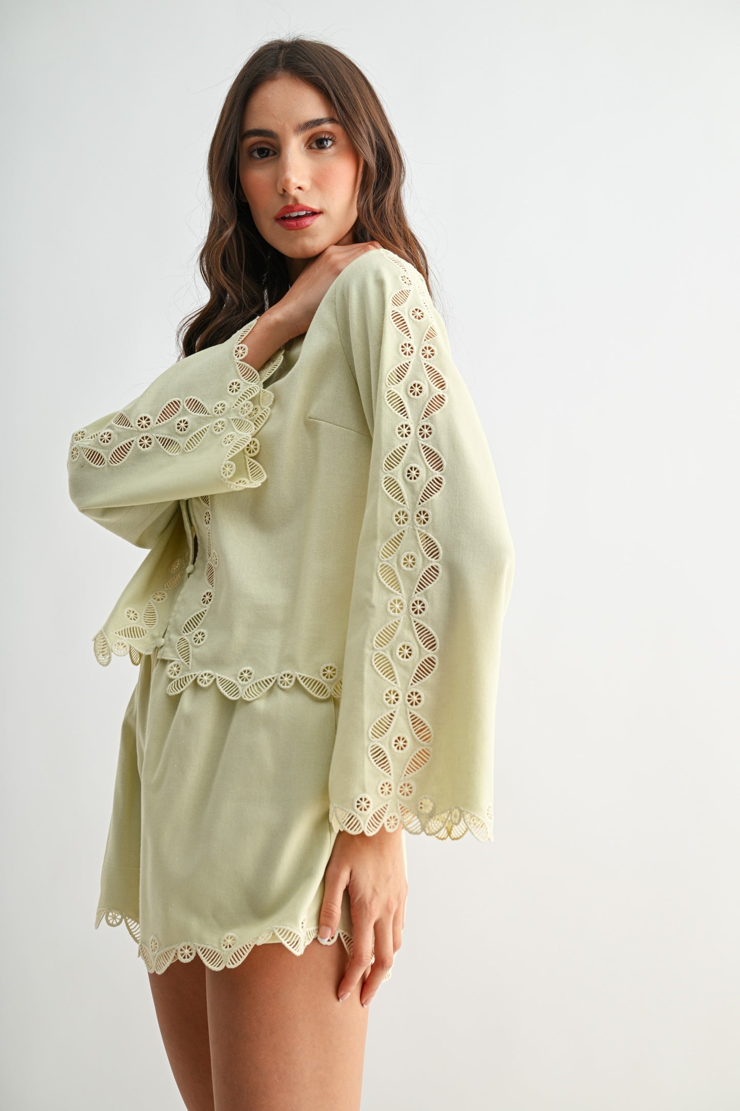 Sage Button Front Lace Blouse