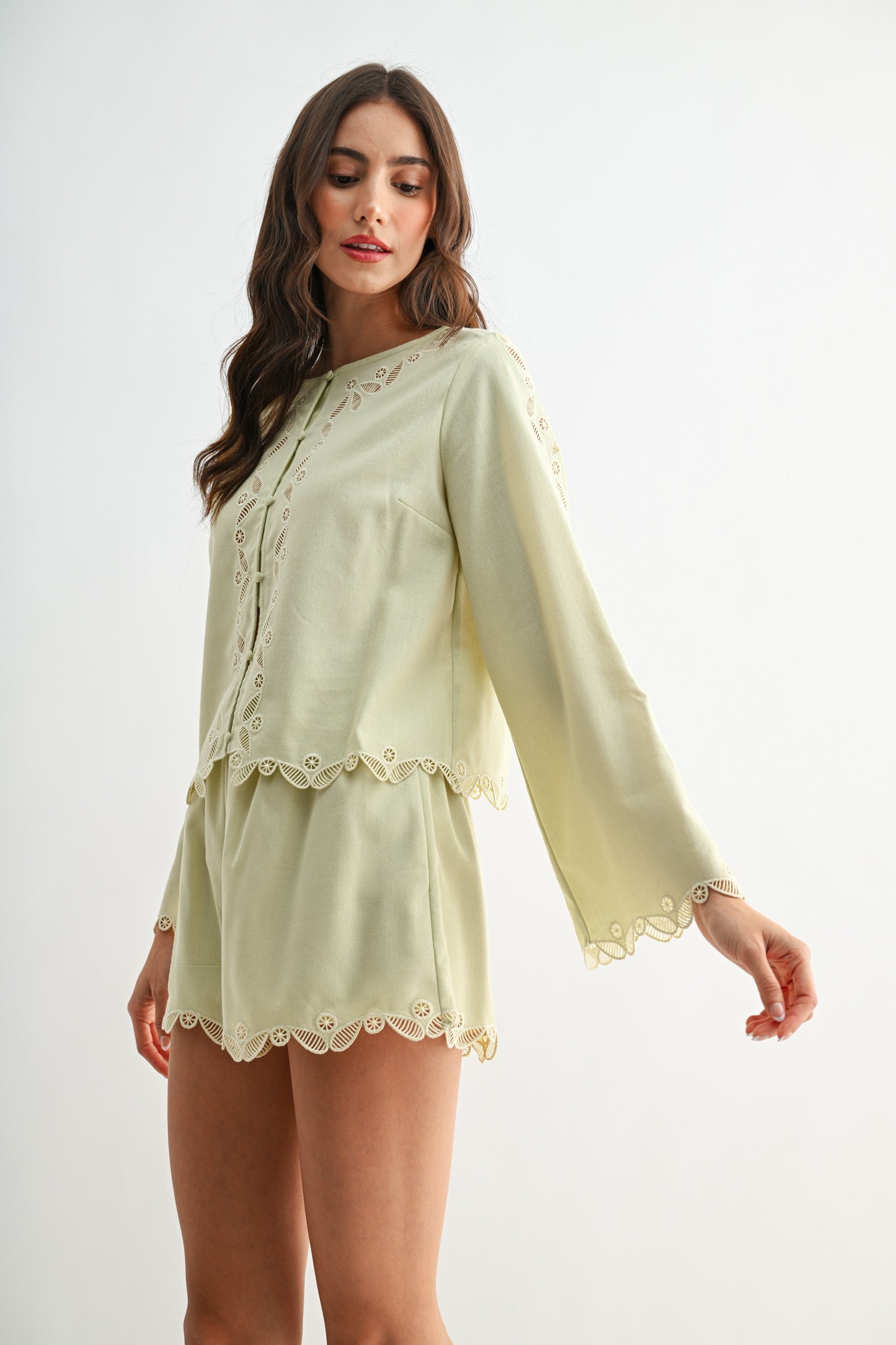 Sage Button Front Lace Blouse