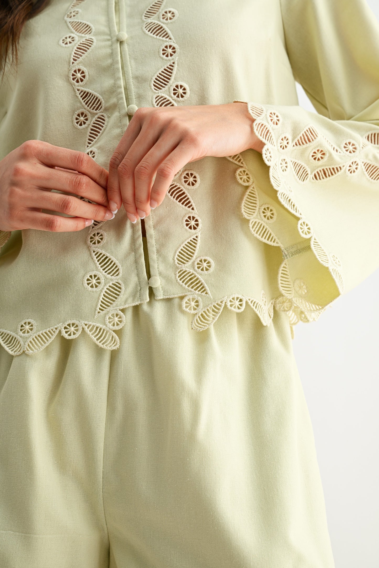 Sage Button Front Lace Blouse