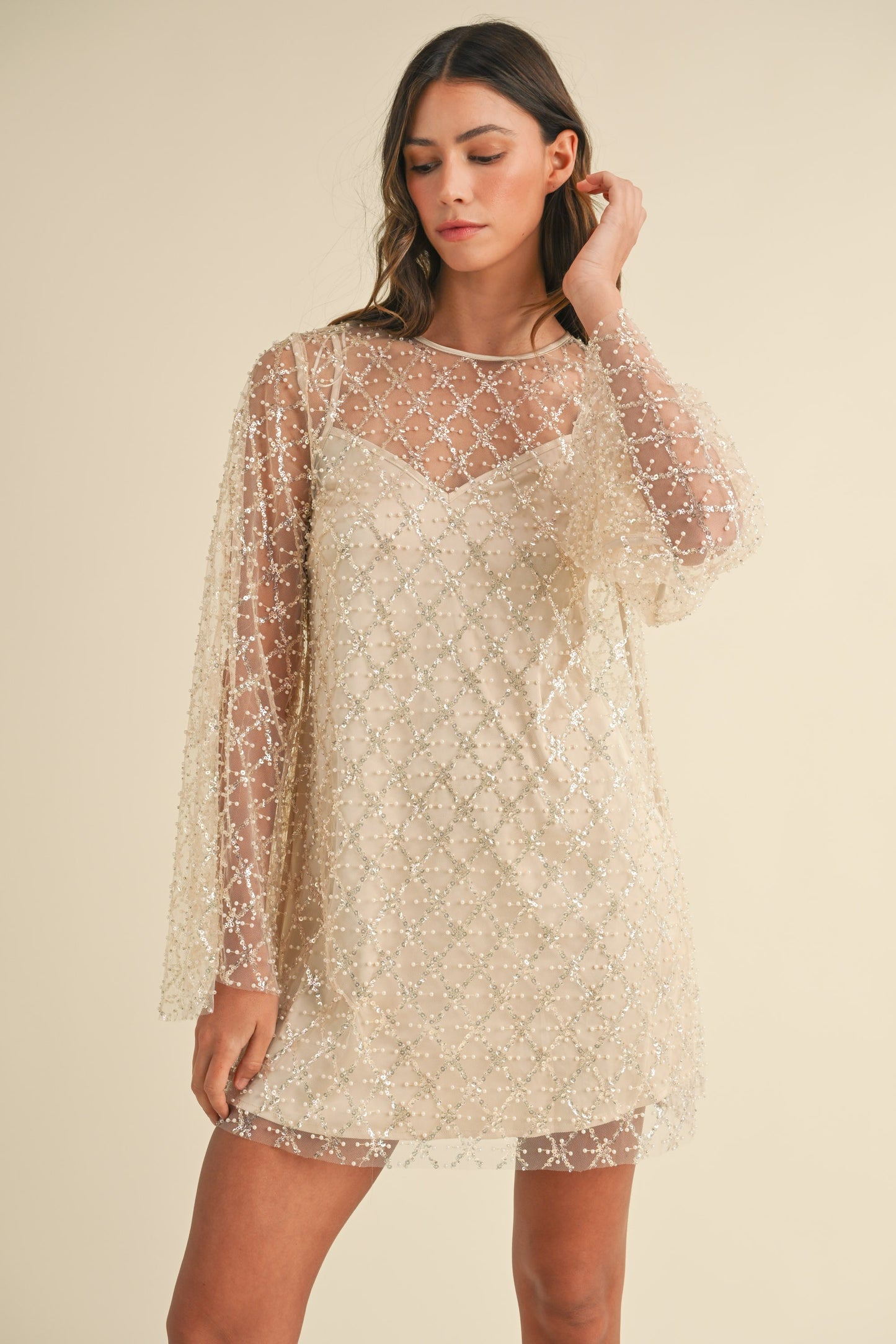 Sequin Beaded Bell Sleeve Mini