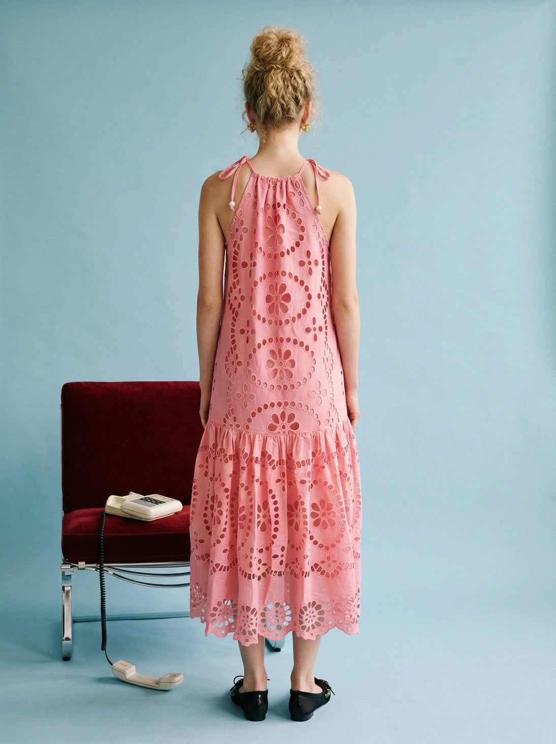 Strawberry Eyelet Halter Maxi