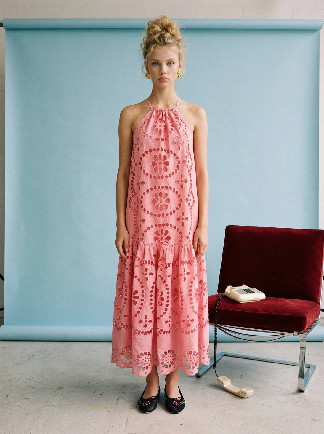 Strawberry Eyelet Halter Maxi