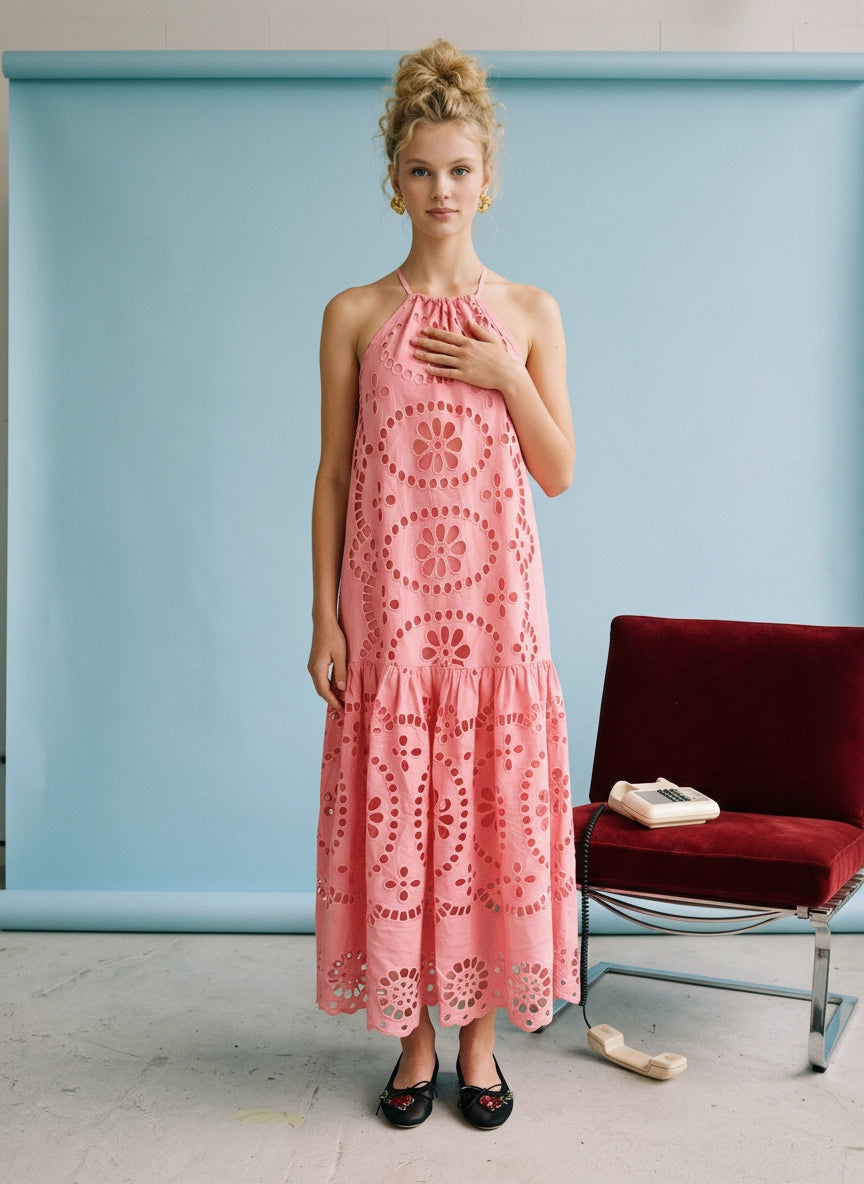 Strawberry Eyelet Halter Maxi