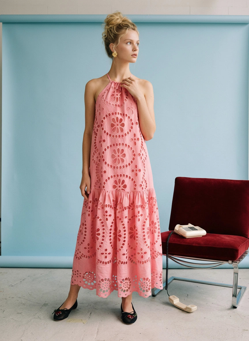 Strawberry Eyelet Halter Maxi