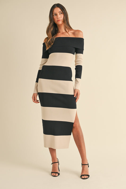 Off Shoulder Stripe Sweater Maxi Dress