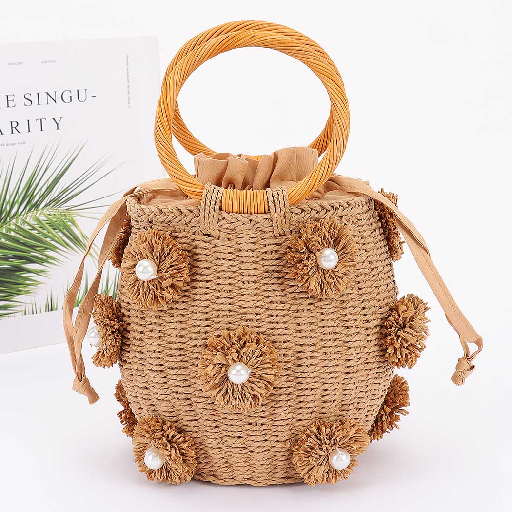 Straw Pearl Flower Bucket Bag