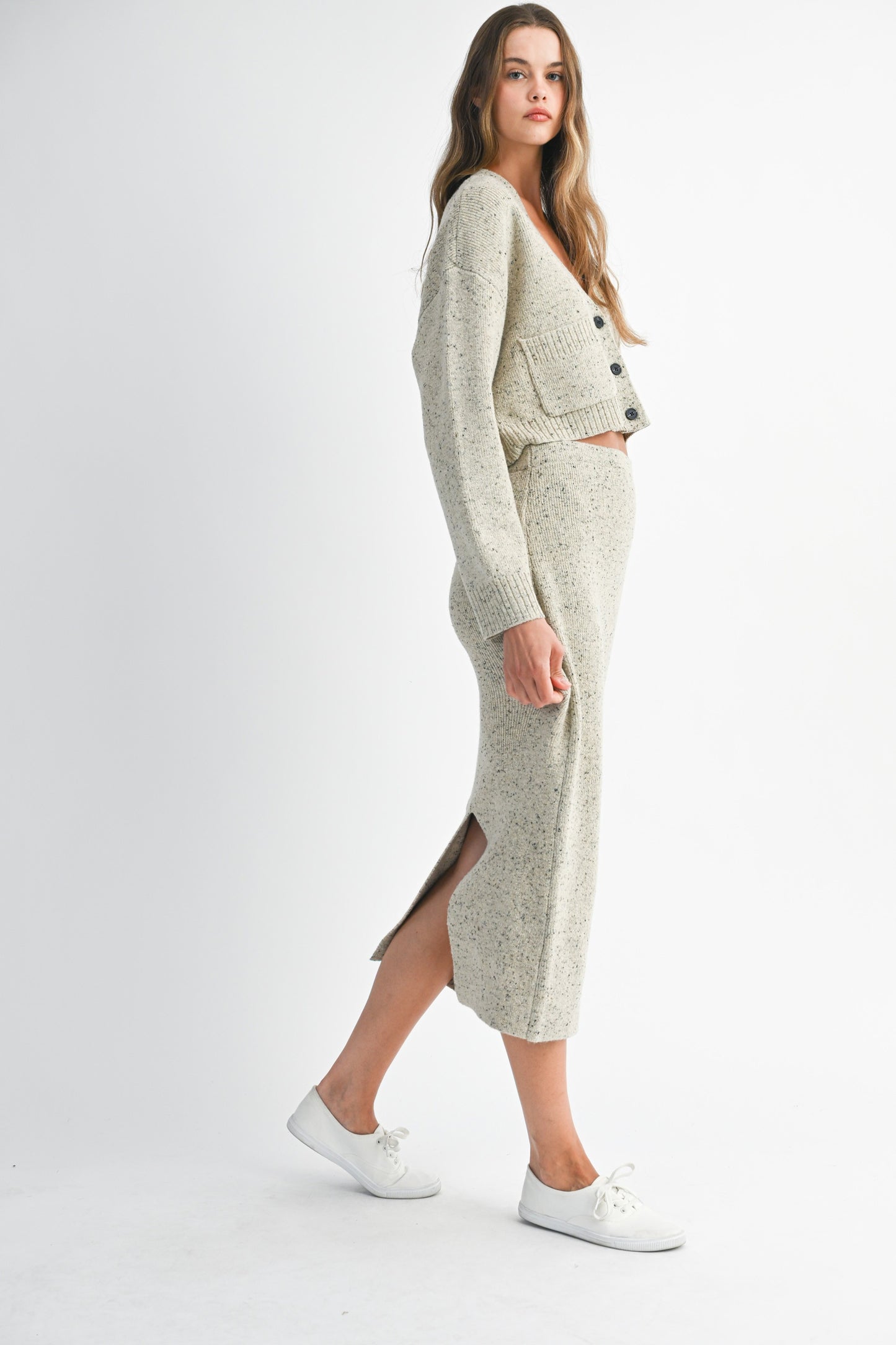 Taupe Cardigan Skirt Set
