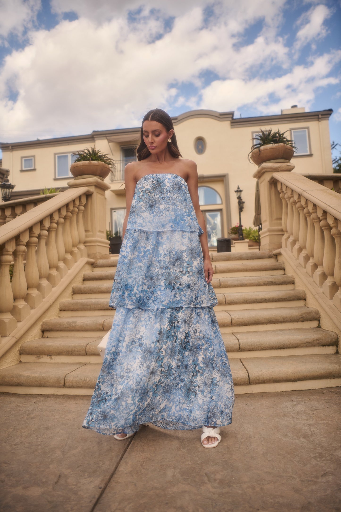 Blue Floral Strapless Maxi Dress