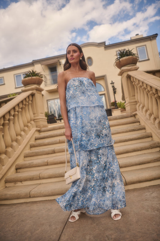 Blue Floral Strapless Maxi Dress