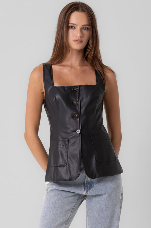 Faux Leather Button Vest