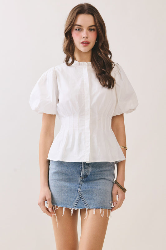 White Mock Neck Ruffled Blouse