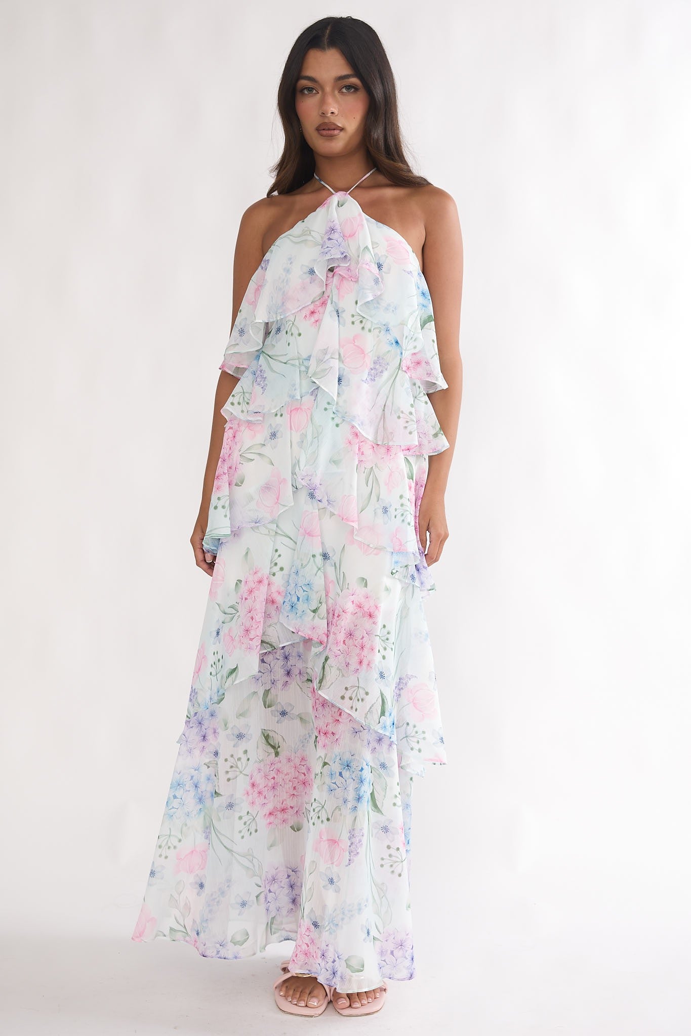 Floral Halter Ruffle Tiered Maxi